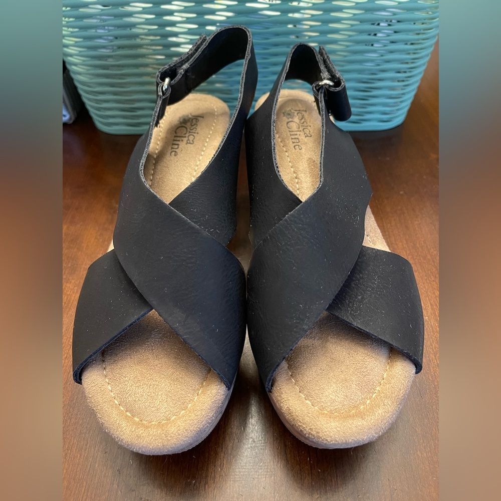 NWOT Jessica Cline Black Wedge Sandals SZ 9